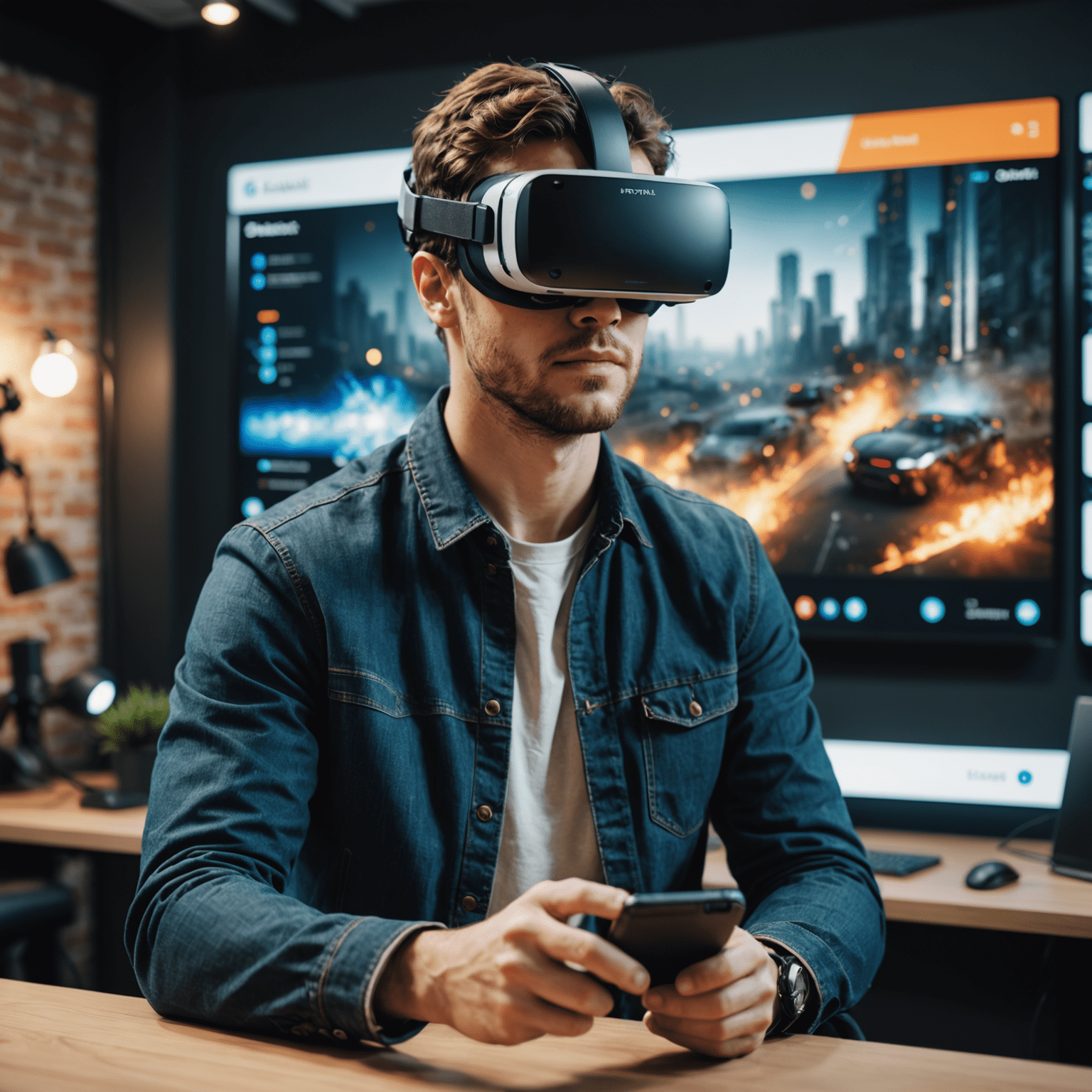 A developer wearing VR headset, working on a mobile game with AR elements visible on a large screen