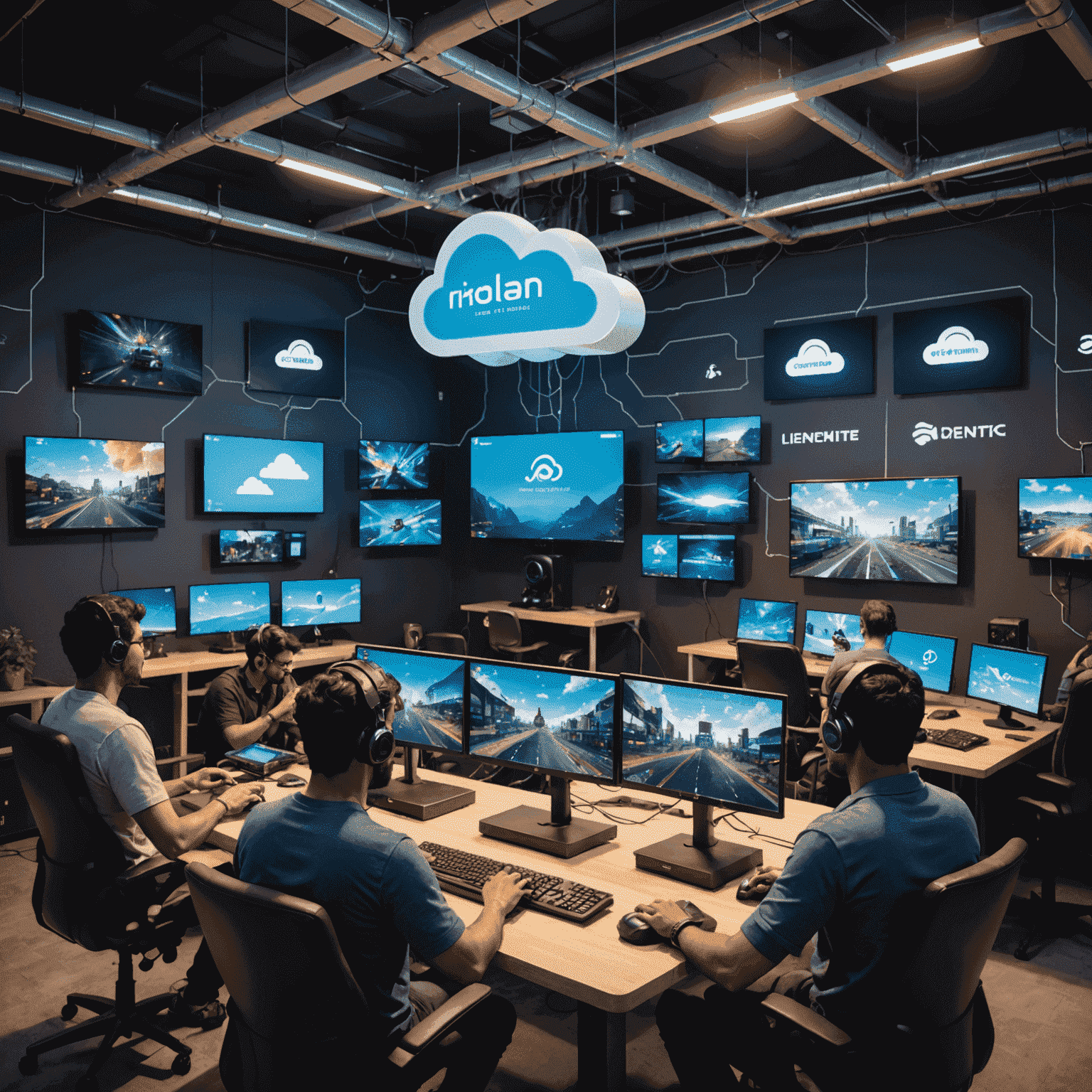 A network of interconnected devices showing cloud gaming infrastructure, with Indian developers working on optimization