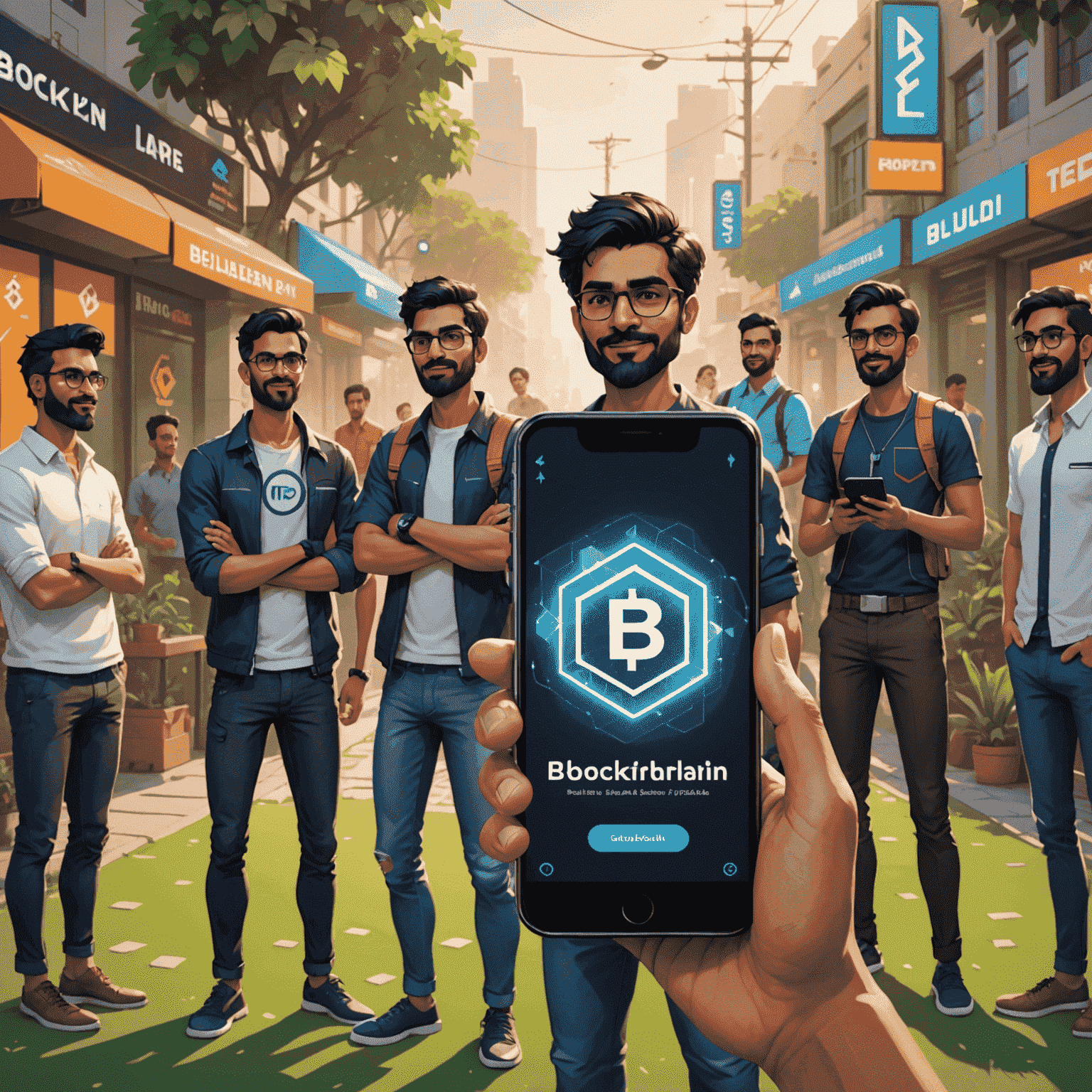 A visual representation of blockchain technology integrated into a mobile game, with Indian developers explaining its benefits