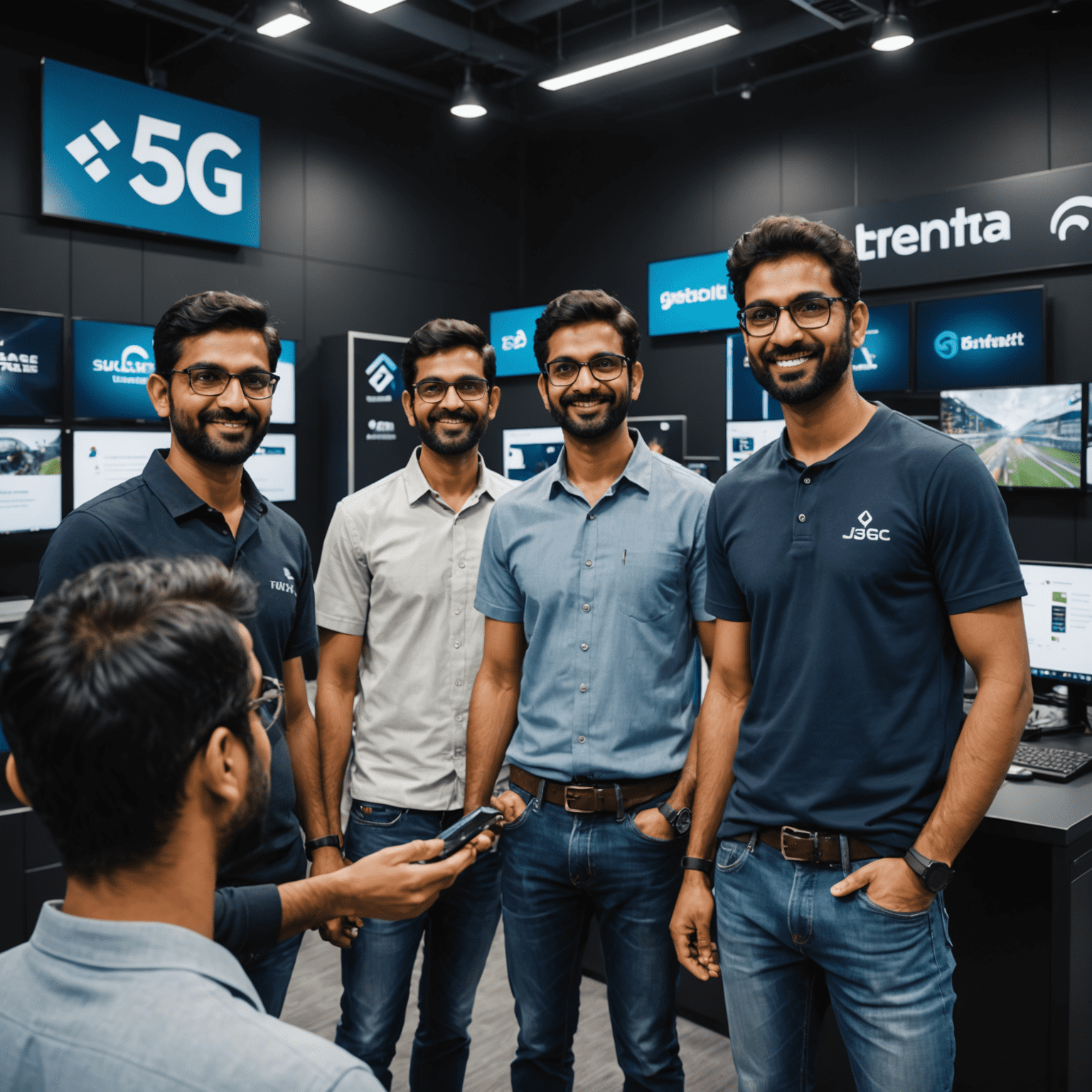 A team of Indian developers optimizing a mobile game for 5G networks, showcasing improved latency and performance